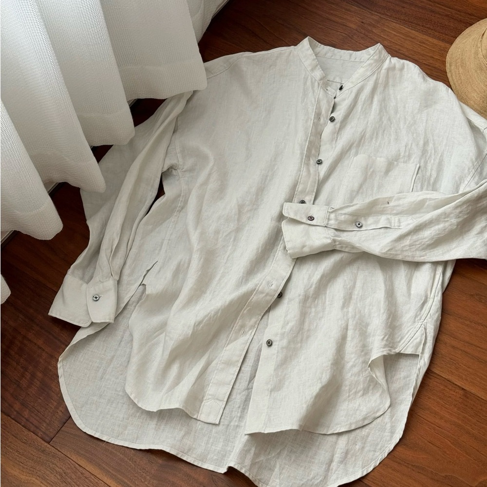 100% Linen Oversized Mandarin Collar Button-Up Shirt